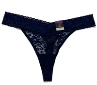 Photo of navy sea color lace thong underwear with a floral lace pattern and elastic waistband.