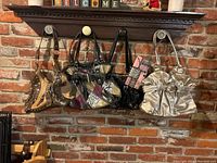 Wide shot of five textured purses hanging on a black wall shelf against a brick wall background.