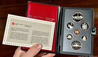 Proof coin set in leather presentation case with red velvet interior and certificate of authenticity card held in hand, showing all coins arranged in transparent display.