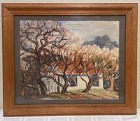 Framed watercolor painting showing landscape with trees and a white building.