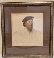 Framed portrait engraving showing Lord Vaux of England attributed to Francesco Bartolozzi after Hans Holbein, with subtle hand coloring, in ornate gold frame and brown mat.
