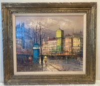 Full view of framed oil painting showing Paris cityscape with buildings, blue and yellow water towers, and people on street using impasto technique