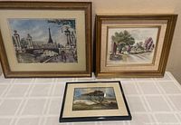 Photo of all three framed paintings arranged on a white textured surface. Two paintings are vertically displayed: Paris scene and country scene, with eucalyptus tree painting lying flat in front.