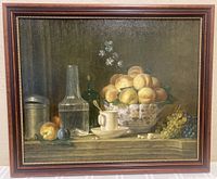Full front view of framed vintage still life oil painting showing all elements and frame condition.