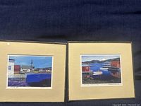 Two framed Newfoundland coastal prints by Elizabeth Burry, side by side on a navy background.