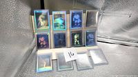 Front view of 10 hologram cards displayed upright in sleeves; additional 2 sleeved cards laid flat