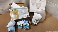 Overview showing boxed sconce, loose sconce, three boxed LED bulbs and additional loose LED bulb