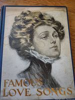 Front cover of the book showing illustrated portrait of a woman with title 'Famous Love Songs' in gold letters