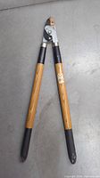 Tree branch trimmer loppers laid open, showing wooden handles and metal cutting head.