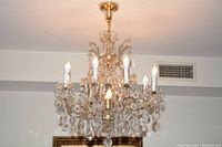 Chandelier hanging from ceiling, front view showing all nine lit arms and crystal drops