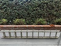 Full view of the vintage aluminum ladder placed on wooden deck for visual inspection of condition and structure.