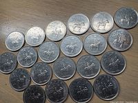 Overview of all 21 quarters laid out in rows on a wood surface