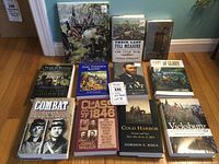 Overview of 11 Civil War books from a history collection, displayed on the floor. Includes titles 'Battles of the American Civil War', 'Their Last Full Measure', 'Cold Harbor', 'Vicksburg', 'Class of 1846', among others.