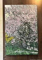 Full front view of the watercolor panel showing pink blossoms on green background