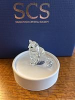 Front angle showing sitting cat figurine with black eyes and nose, on white base with blue Swarovski Crystal Society box background.