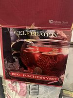 Original box with label showing Celebration 18 piece Punch/Party set by Indiana Glass