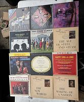Photo showing 12 vinyl record sleeves including various artists and historical series.