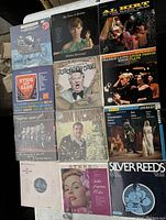 Photo showing 9 vinyl record covers laid out on a surface, variety of artists and genres visible.