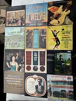 Photo showing 13 vintage vinyl record covers arranged in a grid on a flat surface. Various musical genres and artists represented.