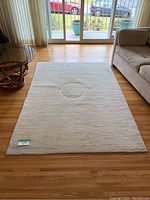 Entire cream rectangular rug laid flat on hardwood floor near sliding doors, showing overall size and color