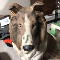 Close-up front view of the Collie dog statue showing detailed facial expression and paintwork.