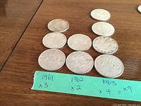 Nine coins arranged on wood surface with handwritten note indicating quantities by year