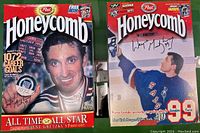 Front of a Honeycomb cereal box featuring Wayne Gretzky holding a hockey puck and career statistics, showing box condition and branding