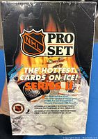 Front of NHL Pro Set Series 1 box showing branding and promotional text of the trading cards included.