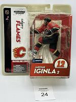 Front view of Jarome Iginla #12 Calgary Flames McFarlane Sportspick Series NHL action figure in original sealed packaging.
