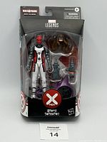 Front view of unopened Marvel Legends Omega Sentinel figure in original packaging showing figure in white and red costume with accessories including alternate head and weapons.