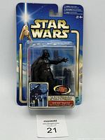 Front view of sealed Star Wars Clone Wars 2002 Darth Vader Bespin Duel action figure in original packaging showing figure and lightsaber accessory.
