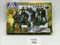 Front view of Italeri Italian Mountain Troops model kit box showing artwork and product details