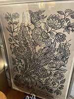 Front view of Jacobean floral artwork with detailed black flowers and leaves on light background framed in silver with plexiglass.