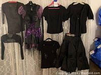 Full view of costumes hanging on curtain rod showing purple and black witch dress, black tops, black crinoline skirt