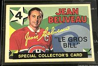 Front of the trading card showing Jean Beliveau in Montreal Canadiens jersey, with player name, card number, and "Le Gros Bill" special collector's card designation.