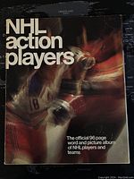 Front cover of the 1974-75 NHL Action Players Album showing motion blur photo of an NHL player with the text 'NHL action players'.