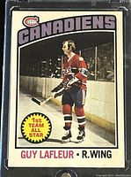 Front side of the 1976-77 O-Pee-Chee NHL hockey card showing Guy Lafleur in a Montreal Canadiens uniform with '1st Team All Star' insignia.