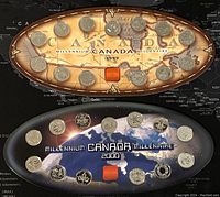1999 and 2000 Canadian Millennium 25 Cent coin sets displayed on commemorative holders with map and earth themes