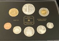 Front view of the proof coin set in black holder showing all coins with Royal Canadian Mint platemark in center.