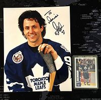 Close-up of Doug Gilmour signed photo highlighting autograph and dedication to Denise.