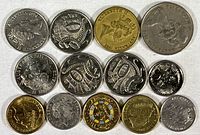 Top view of mixed Australian coins showing various denominations with reverses featuring Australian fauna such as echidna and kangaroo and Queen Elizabeth II on obverse.