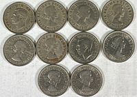 Obverse side of 11 UK 2 shillings coins showing various monarch portraits with detailed inscriptions.