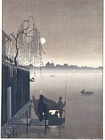Close-up detail of the woodblock print showing silhouetted figures and moonlit river scene