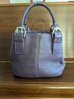 Front view of purple Tignanello leather purse showing handles and gold-tone buckles.