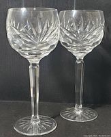 Front view of two Waterford Crystal Ashling cut hock wine goblets showing bowl and starburst cut pattern.