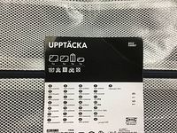 Close-up photo of the IKEA Upptacka product label showing materials and care instructions