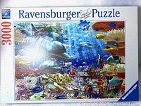 Box top showing the full image of the puzzle with dolphins, tropical fish, and coral reef underwater scene labeled 3000 pieces