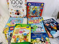 Photo showing the full lot of children's activity books including vocabulary, story collections, cut and paste workbook, coloring books, puzzle books, and seek and find activity books.