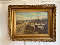 Framed oil painting of sheep and a shepherd in a rural European landscape, showing full view with ornate gold frame and missing frame pieces