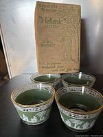 Four green custard cups with white Grecian designs placed in front of the original packaging box labeled 'Exquisite Grecian Hellenic Pattern 4-8oz Sherbet'.